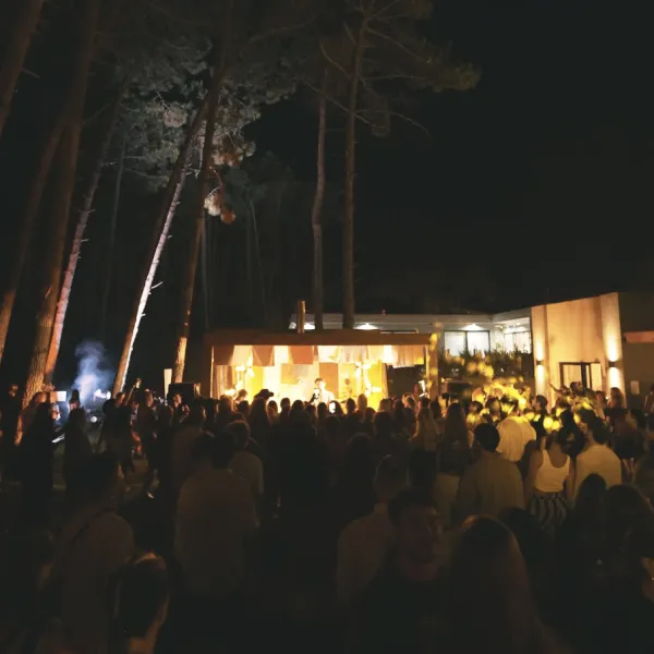 Público en una fiesta de noche bajo los pinos